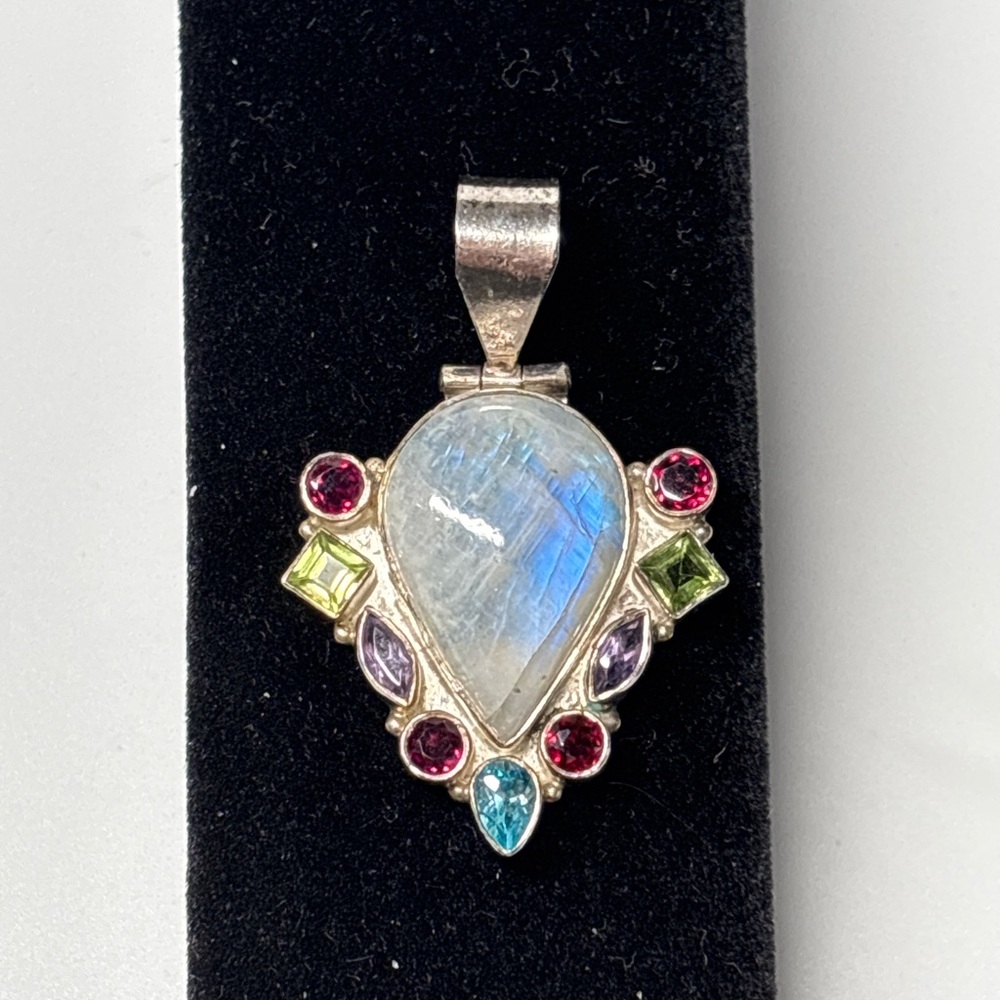 Sterling Silver Rainbow Moonstone Multi-Gem Pendant – Artisan Crafted
